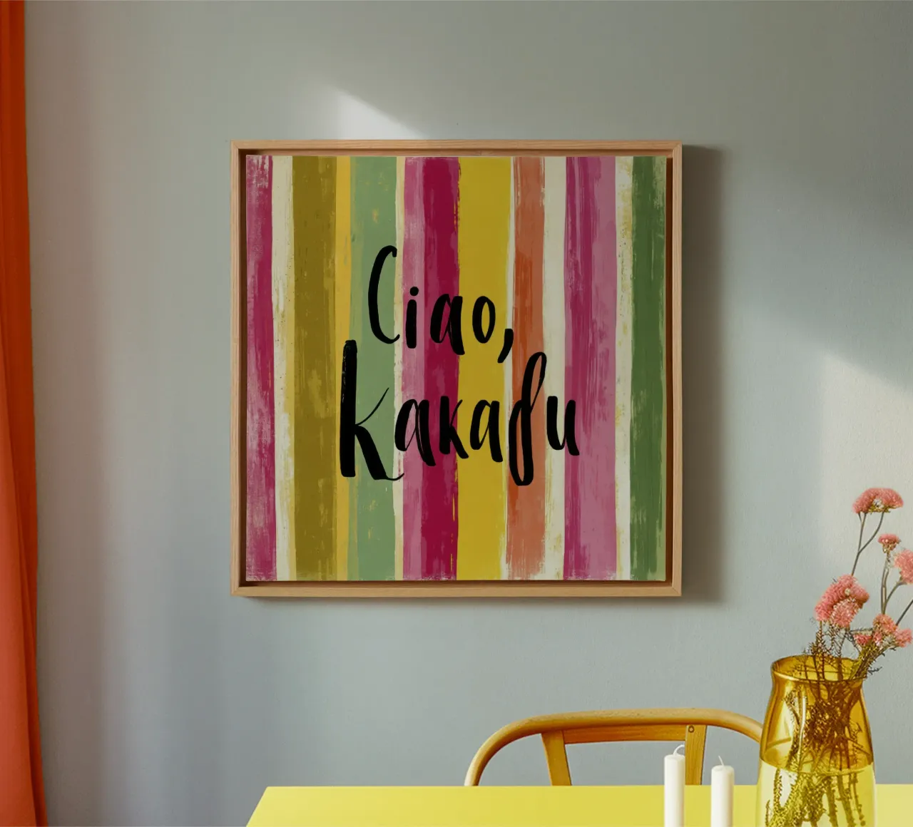 Ciao Kakadu vetgedrukte typografie op kleurrijke retro strepen canvas van Modern Muse