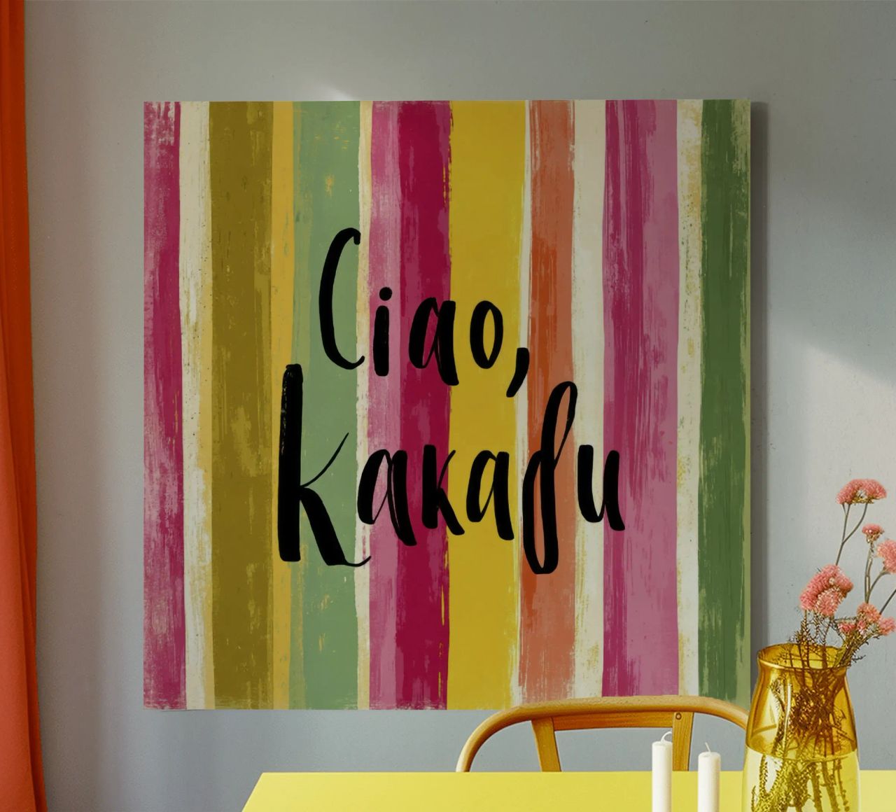Ciao Kakadu Bold Typography on Colorful Retro Stripes canvas by Modern Muse