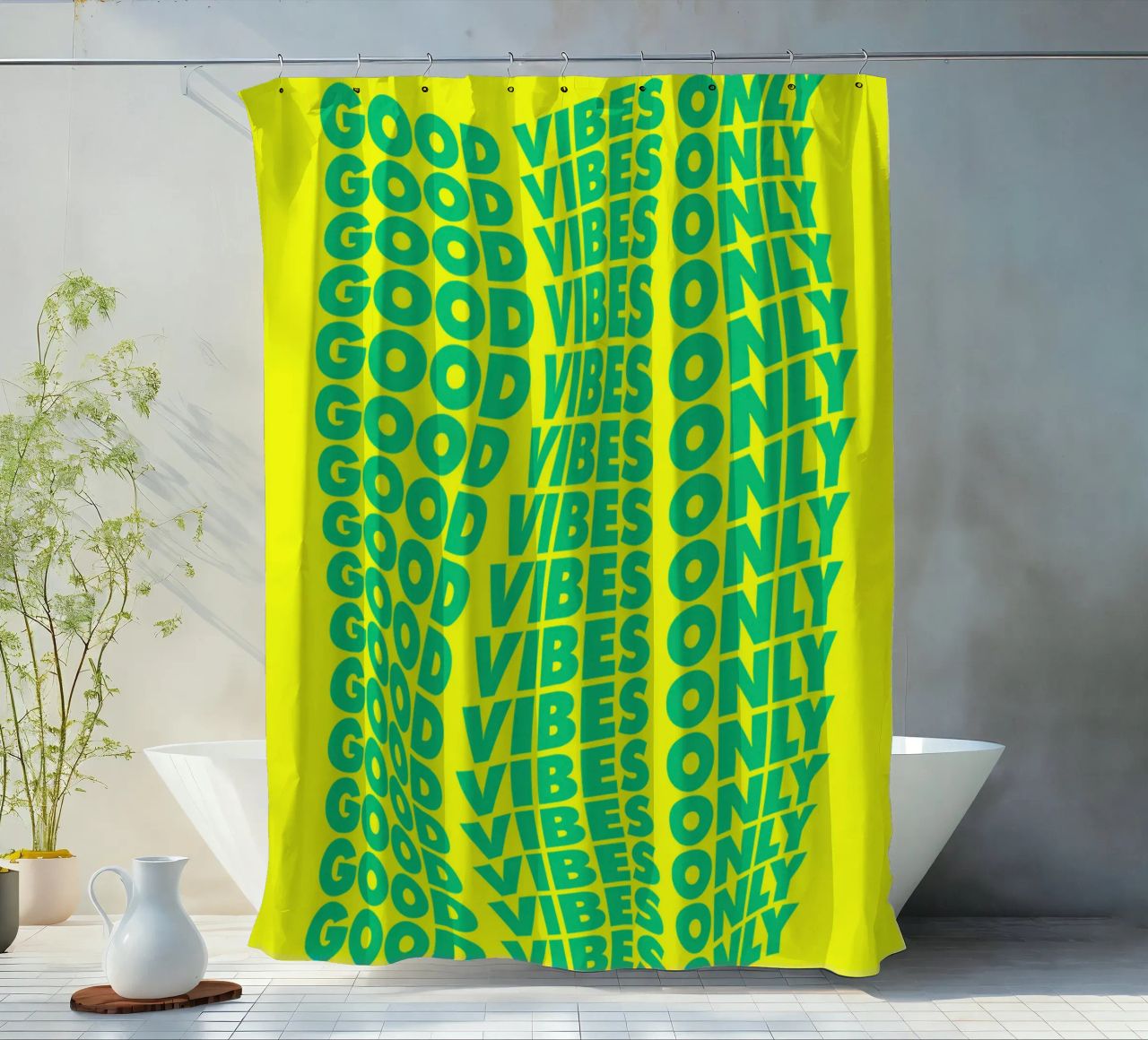 Good Vibes Only Typographie ondulée imprimée en vert et jaune rideau de douche de THE MOTIVATED TYPE