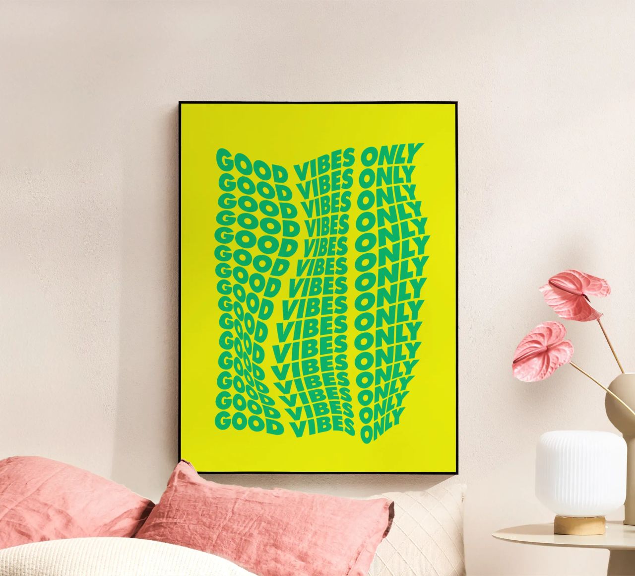 Good Vibes Only Typographie ondulée imprimée en vert et jaune plexiglas de THE MOTIVATED TYPE