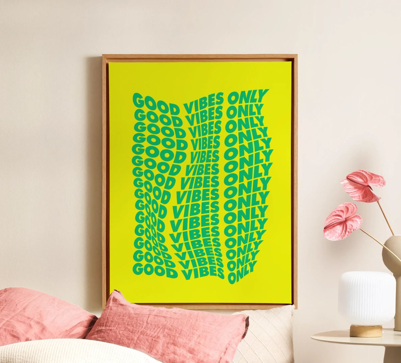 Good Vibes Only Wavy Typography Print in Green and Yellow canvas by THE MOTIVATED TYPE