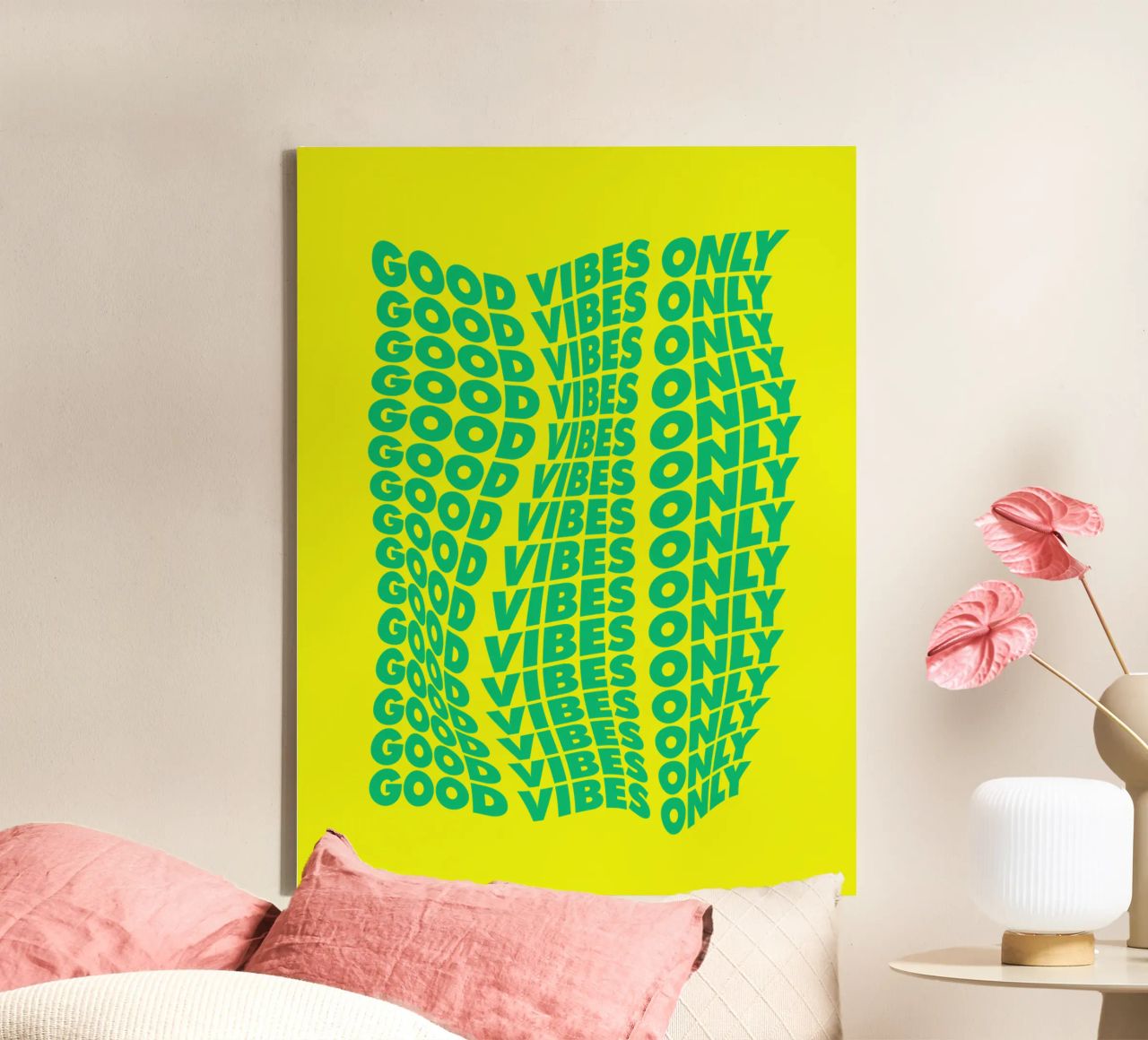 Good Vibes Only Wavy Typography Print in Green and Yellow canvas by THE MOTIVATED TYPE