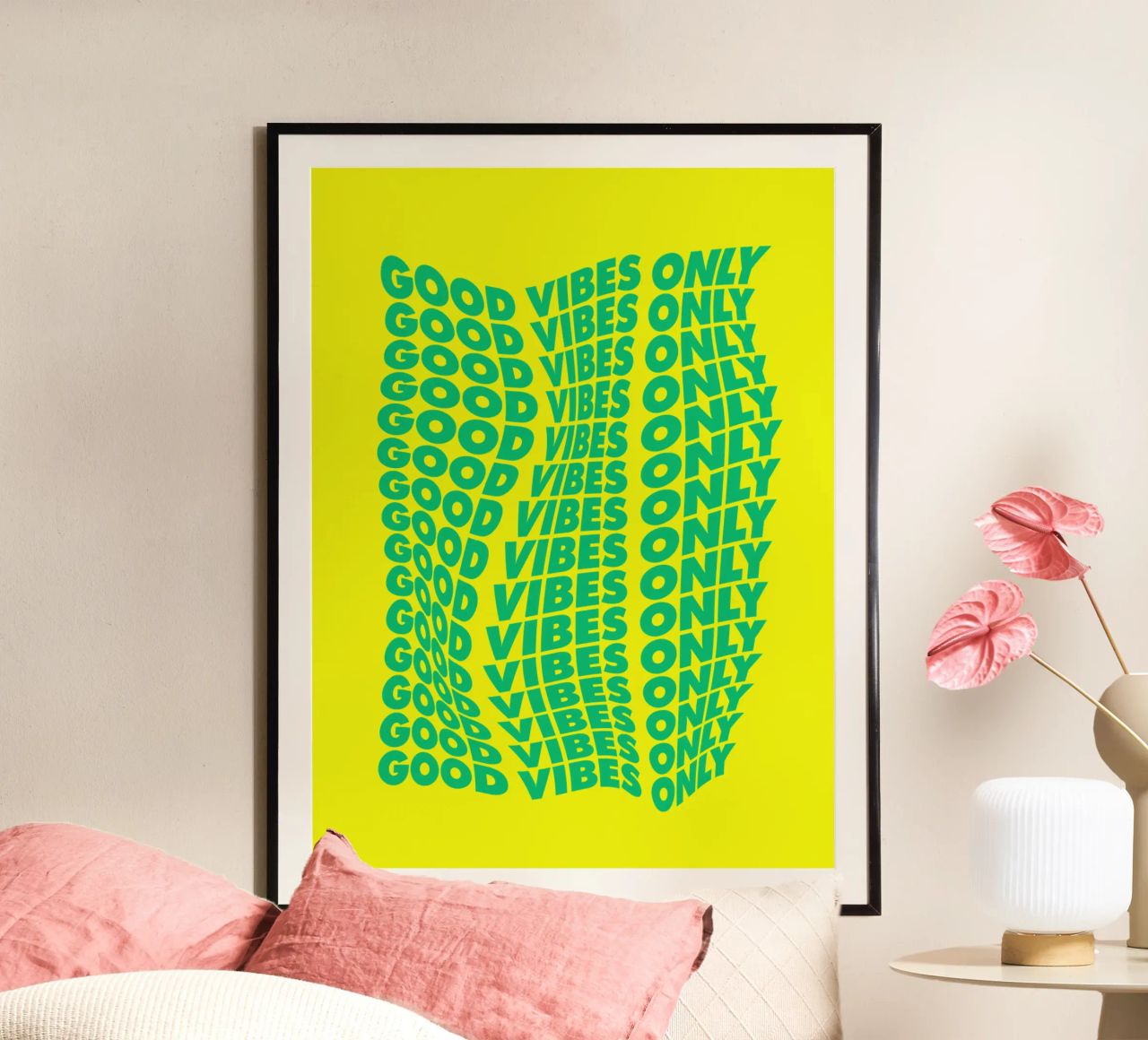 Good Vibes Only Wavy Typography Print in Green and Yellow hahnemühle by THE MOTIVATED TYPE