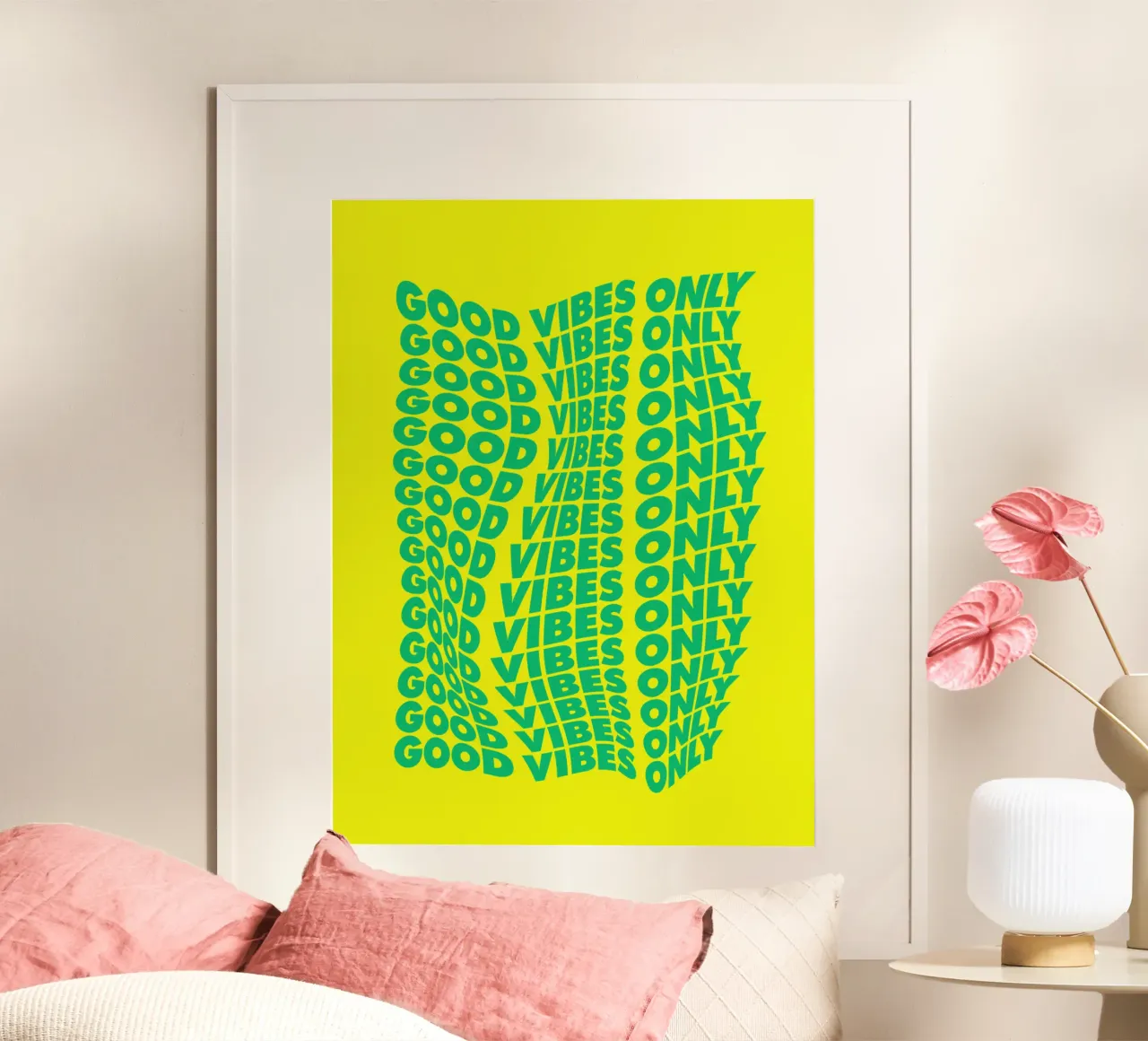Good Vibes Only Wavy Typography Druck in Grün und Gelb Hahnemühle von THE MOTIVATED TYPE