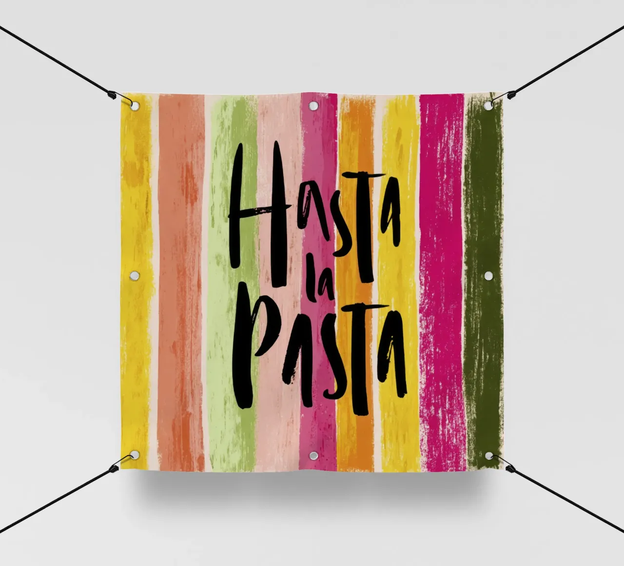 Hasta la Pasta: tipografia in grassetto su strisce retrò telo in pvc da Modern Muse