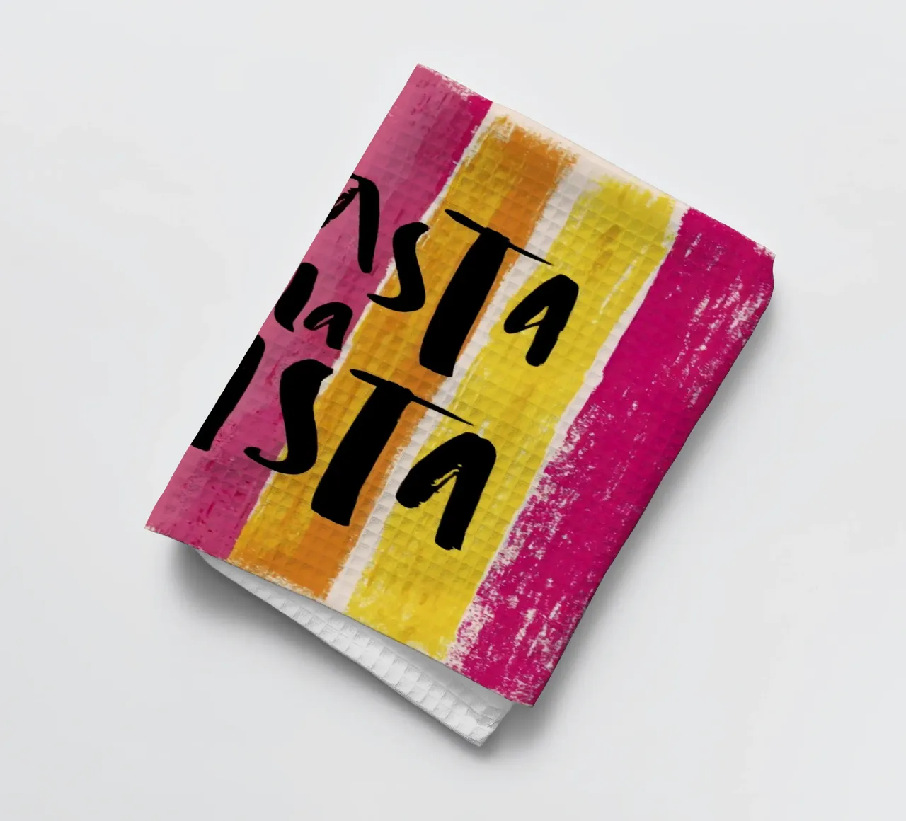 Hasta la Pasta: tipografia in grassetto su strisce retrò canovaccio da cucina da Modern Muse