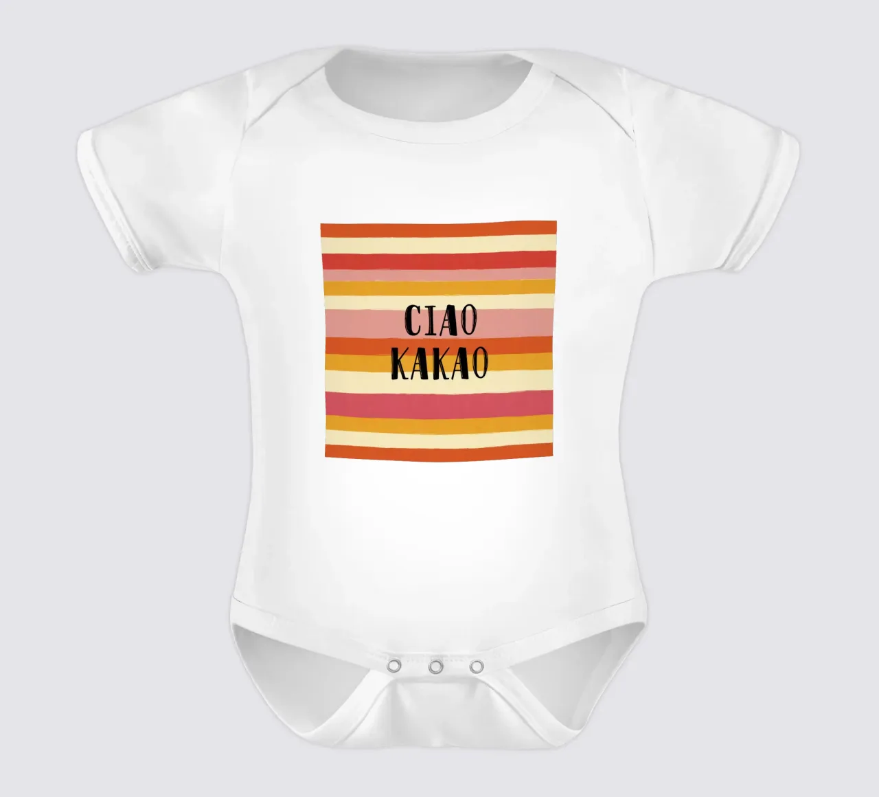 Ciao Kakao Bold Typography on 70s Retro Striped Background short-sleeve baby romper by Modern Muse