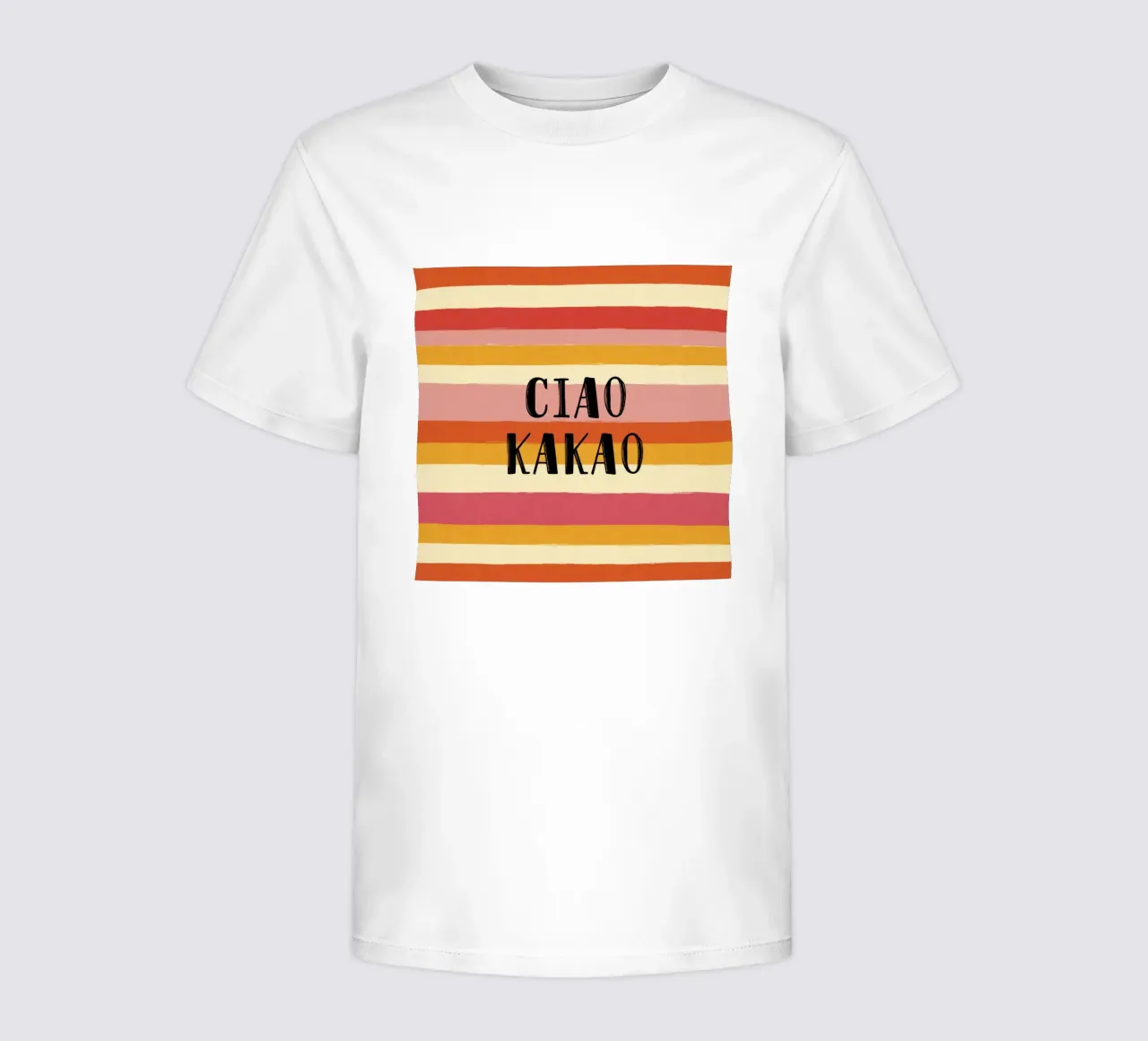Ciao Kakao Bold Typography on 70s Retro Striped Background kids t-shirt by Modern Muse