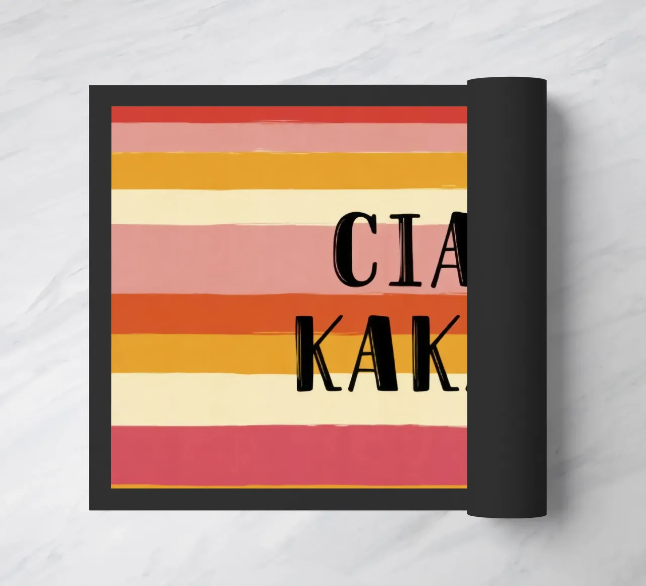 Ciao Kakao tipografia in grassetto su sfondo a righe retrò anni '70 zerbino da Modern Muse