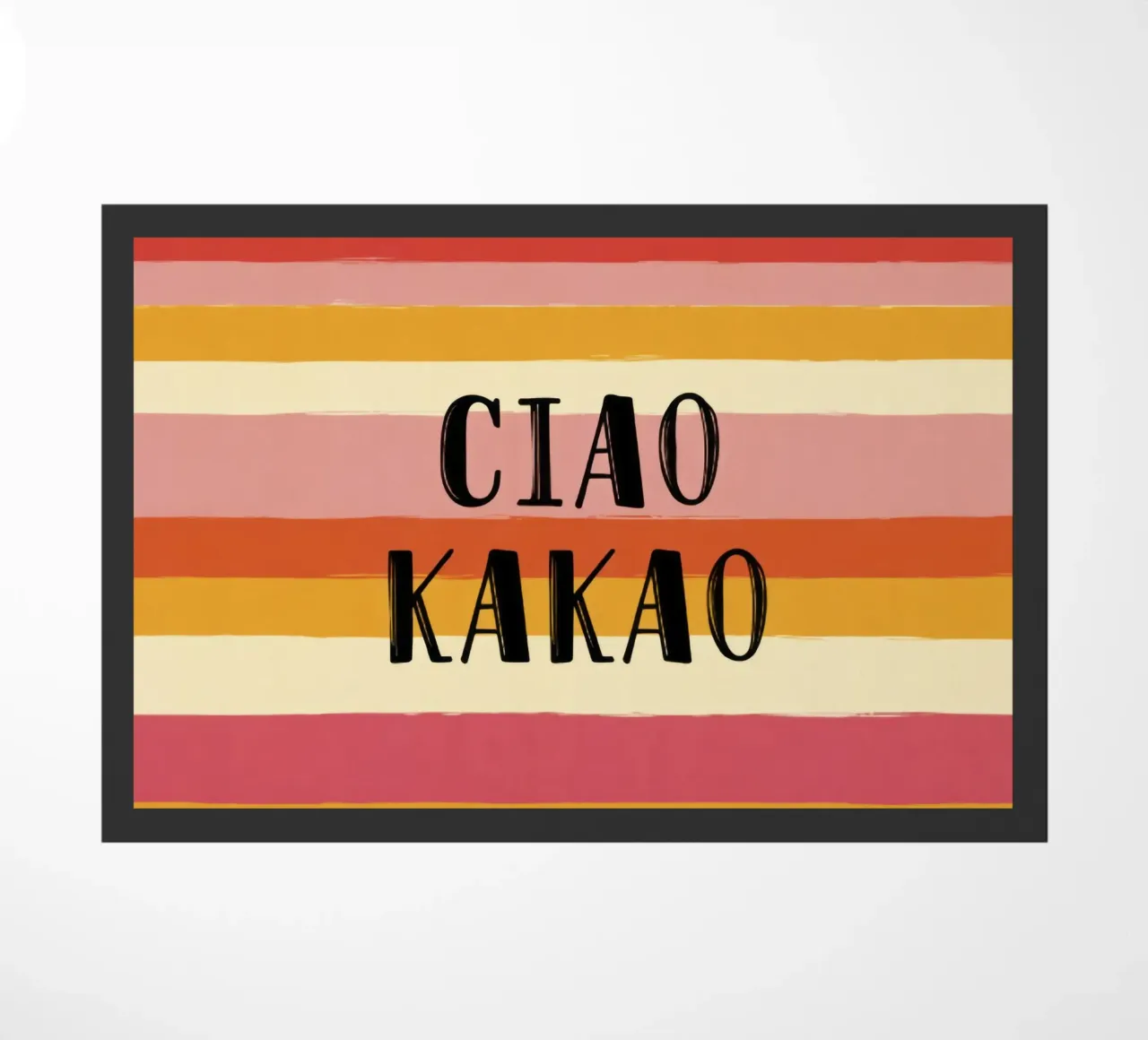 Ciao Kakao tipografia in grassetto su sfondo a righe retrò anni '70 zerbino da Modern Muse