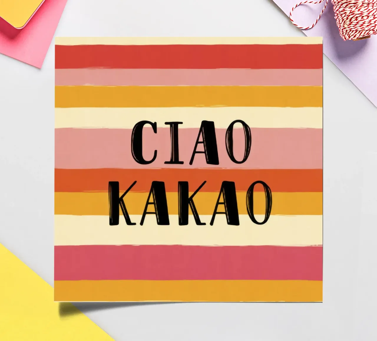 Ciao Kakao Bold Typography on 70s Retro Striped Background sticker sheet by Modern Muse