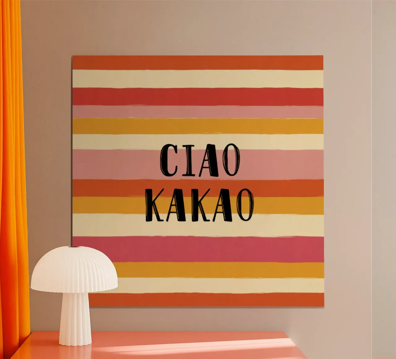 Ciao Kakao tipografia in grassetto su sfondo a righe retrò anni '70 carta hahnemühle da Modern Muse