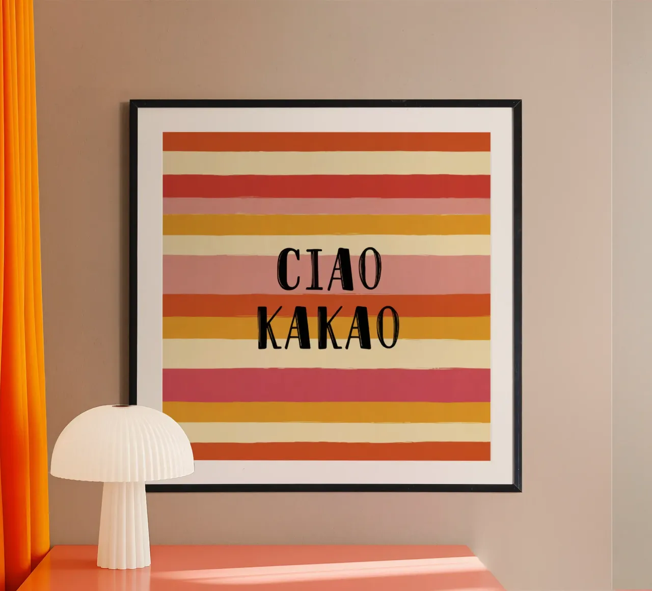 Ciao Kakao tipografia in grassetto su sfondo a righe retrò anni '70 carta hahnemühle da Modern Muse