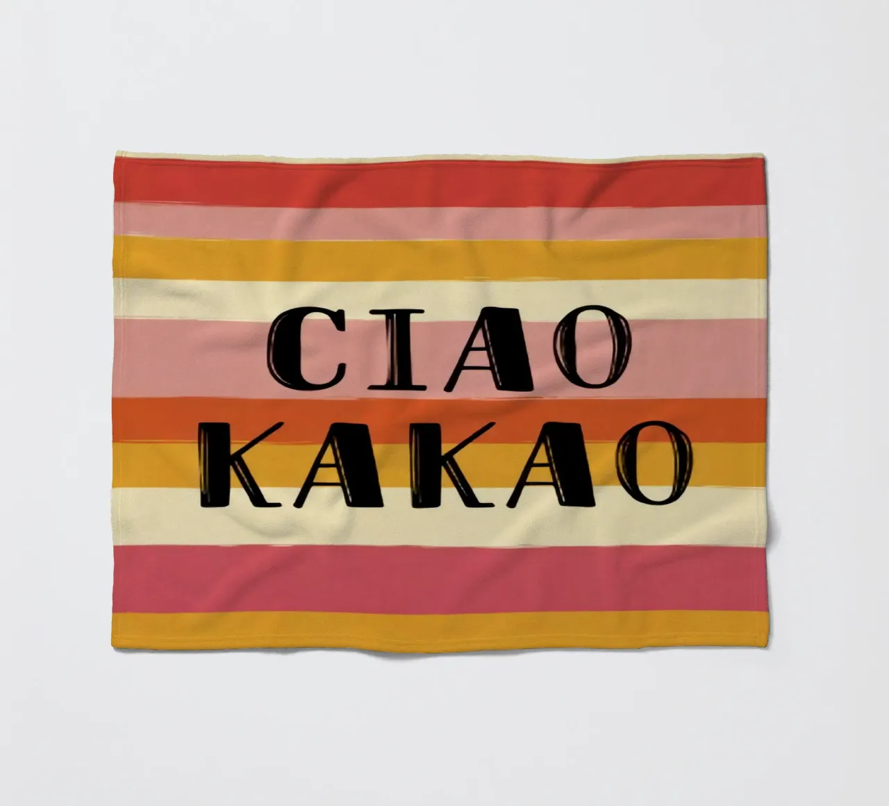 Ciao Kakao tipografia in grassetto su sfondo a righe retrò anni '70 coperta in pile da Modern Muse