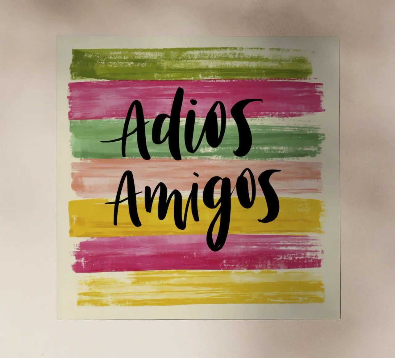 "Adios Amigos" Tipografia nera su strisce colorate anni '70 pellicola backlit da Modern Muse
