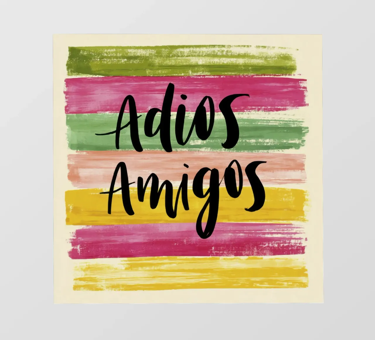 "Adios Amigos" Tipografia nera su strisce colorate anni '70 pellicola backlit da Modern Muse