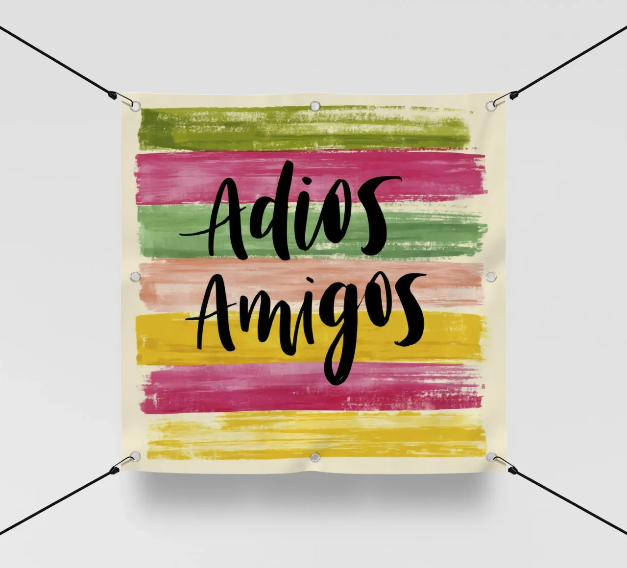 "Adios Amigos" Tipografia nera su strisce colorate anni '70 telo in pvc da Modern Muse