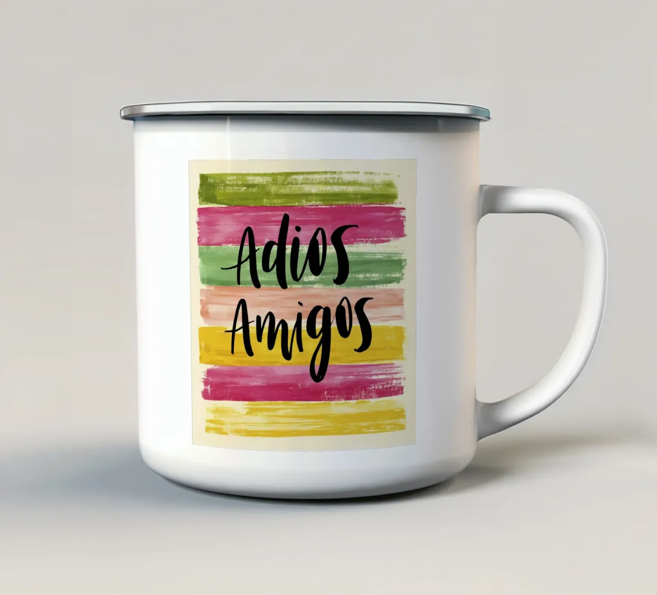 "Adios Amigos" Tipografia nera su strisce colorate anni '70 tazza in smalto da Modern Muse