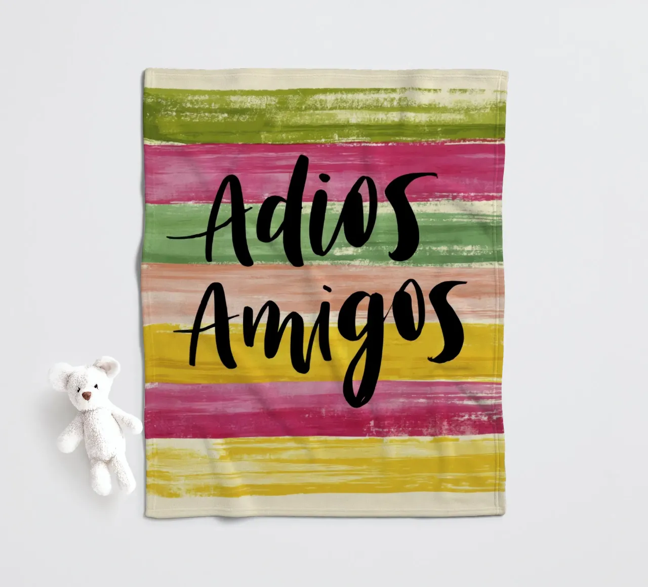"Adios Amigos" Tipografia nera su strisce colorate anni '70 coperta in pile da Modern Muse