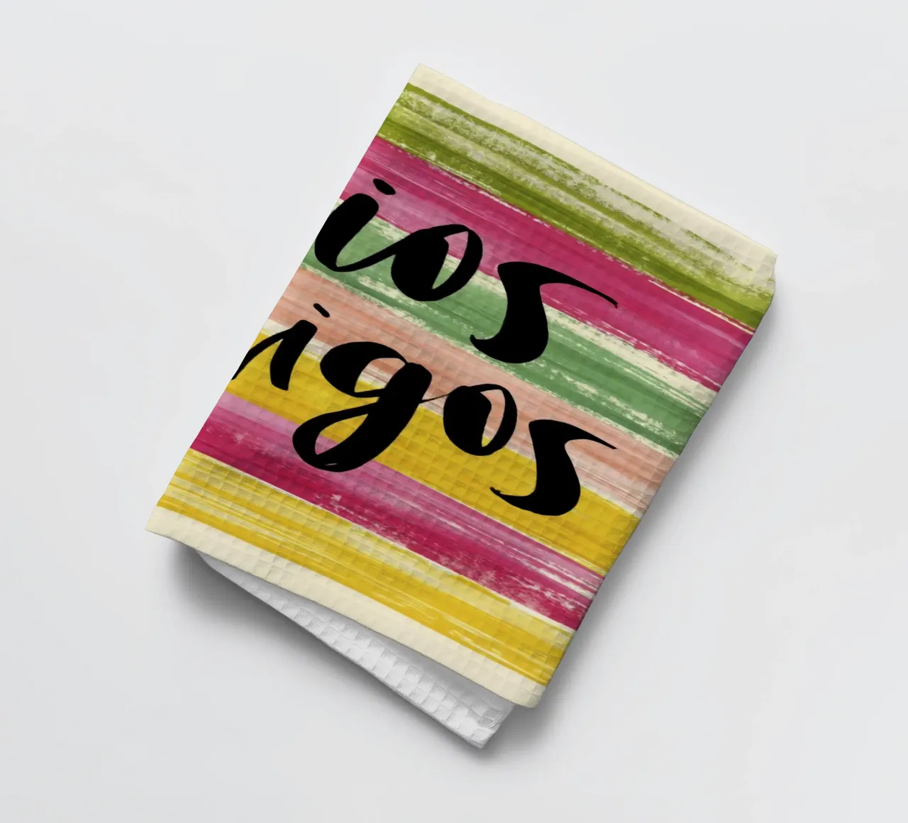 "Adios Amigos" Tipografia nera su strisce colorate anni '70 canovaccio da cucina da Modern Muse