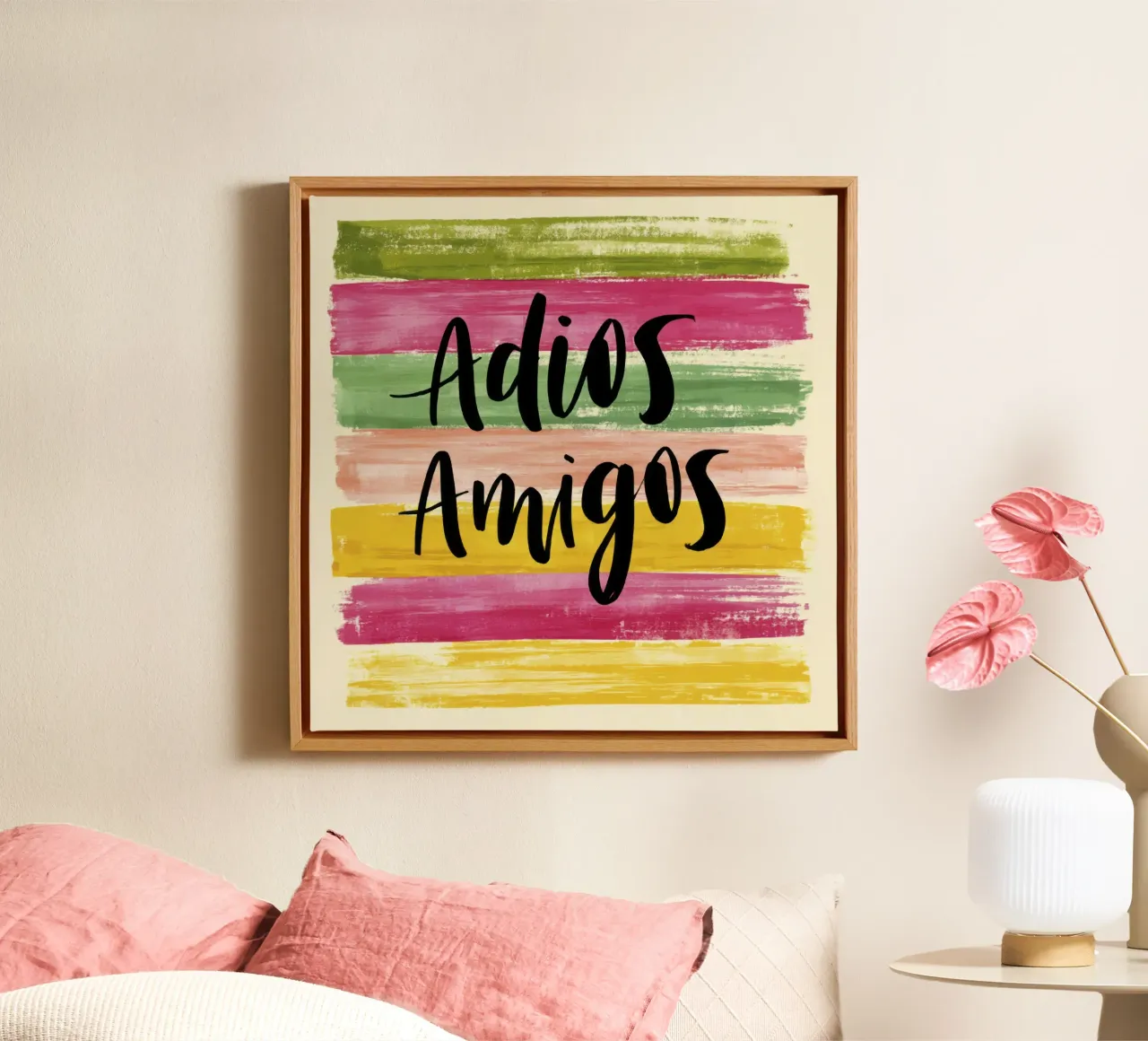 "Adios Amigos" Schwarze Typografie auf bunten 70er-Jahre-Streifen Leinwand mit Schattenfugenrahmen von Modern Muse