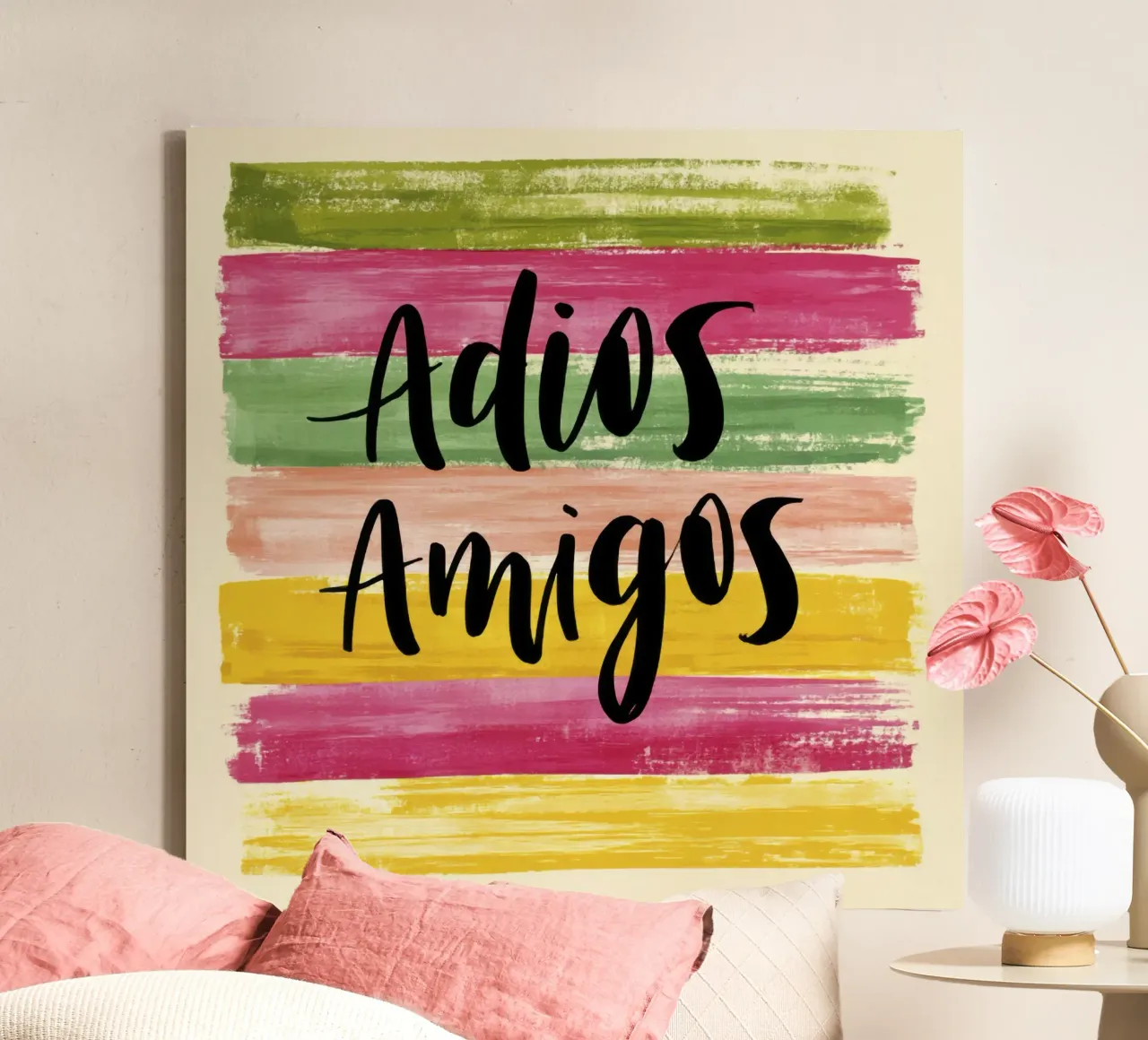 "Adios Amigos" Schwarze Typografie auf bunten 70er-Jahre-Streifen Leinwand mit Schattenfugenrahmen von Modern Muse