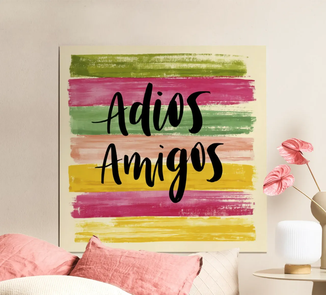 "Adios Amigos" Tipografia nera su strisce colorate anni '70 carta hahnemühle da Modern Muse