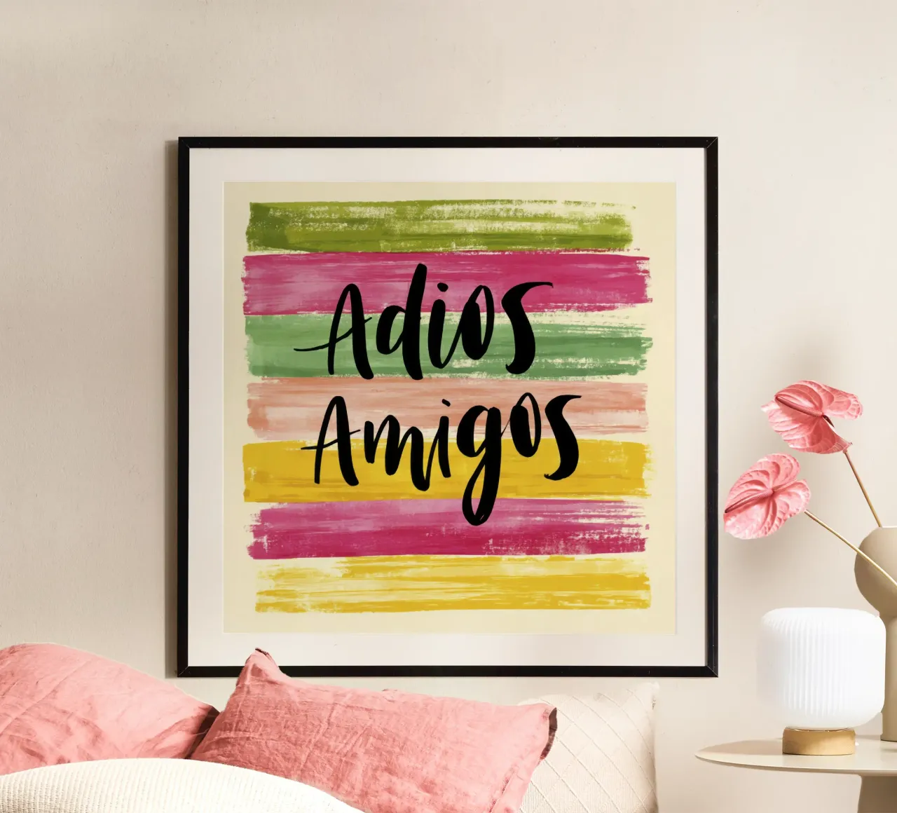 "Adios Amigos" Tipografia nera su strisce colorate anni '70 carta hahnemühle da Modern Muse