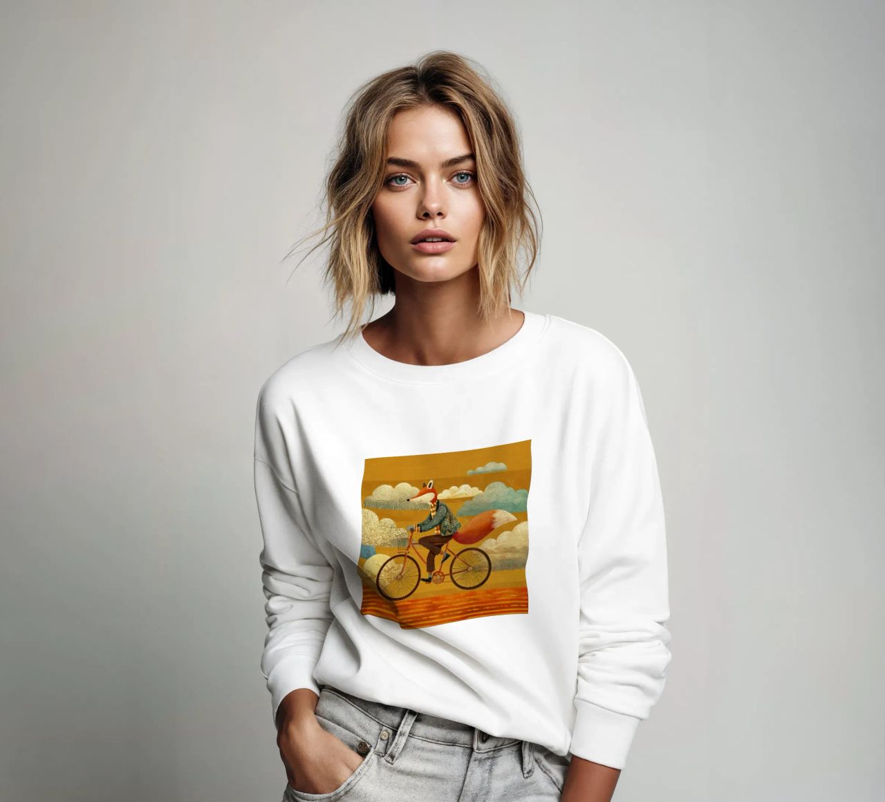 Zorro caprichoso en bicicleta con nubes estampadas y cielo naranja sudadera de Modern Muse