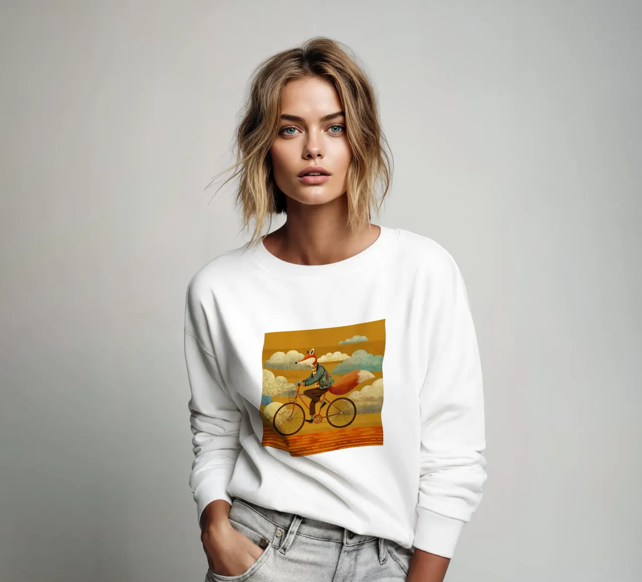 Whimsical Fox on Bike with Patterned Clouds and Orange Sky sweatshirt by Modern Muse