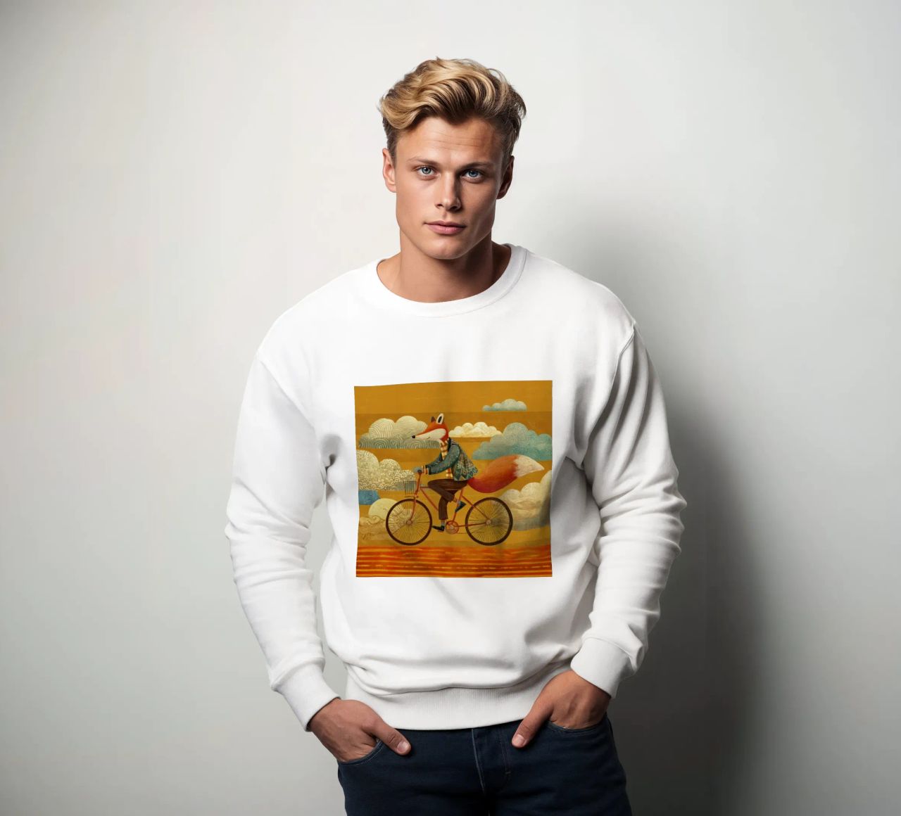 Zorro caprichoso en bicicleta con nubes estampadas y cielo naranja sudadera de Modern Muse