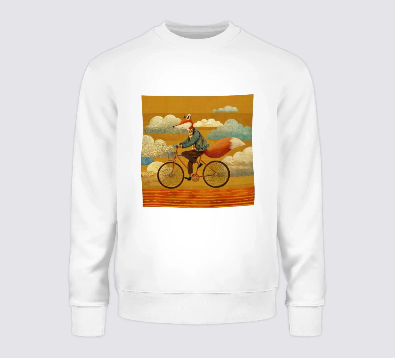 Zorro caprichoso en bicicleta con nubes estampadas y cielo naranja sudadera de Modern Muse