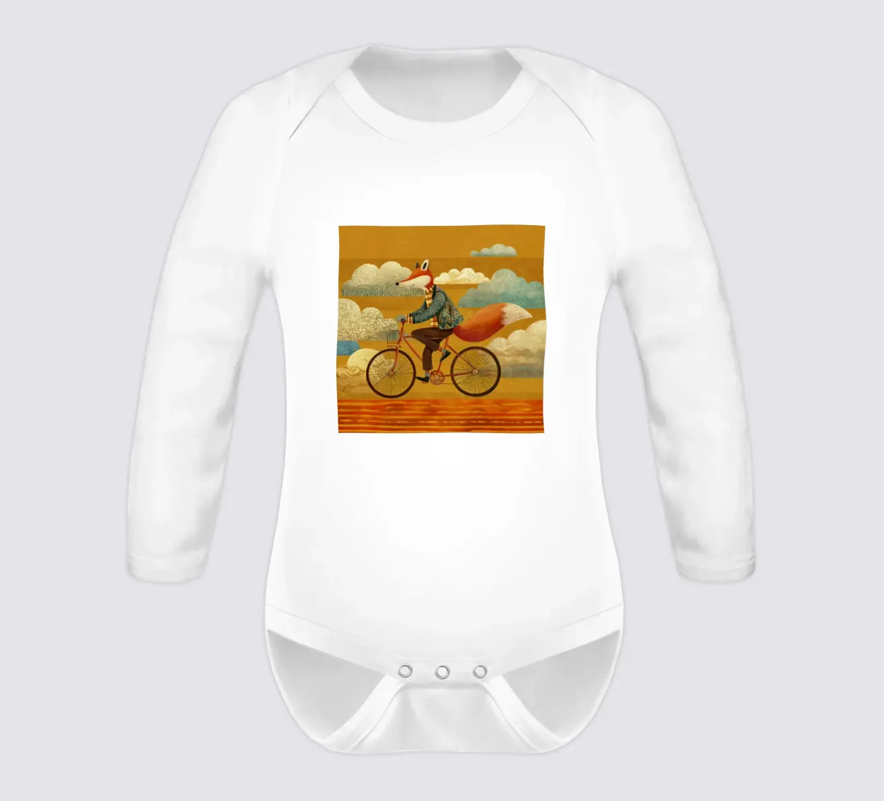 Grillige vos op fiets met wolkenpatroon en oranje lucht babyrompertje lange mouwen van Modern Muse