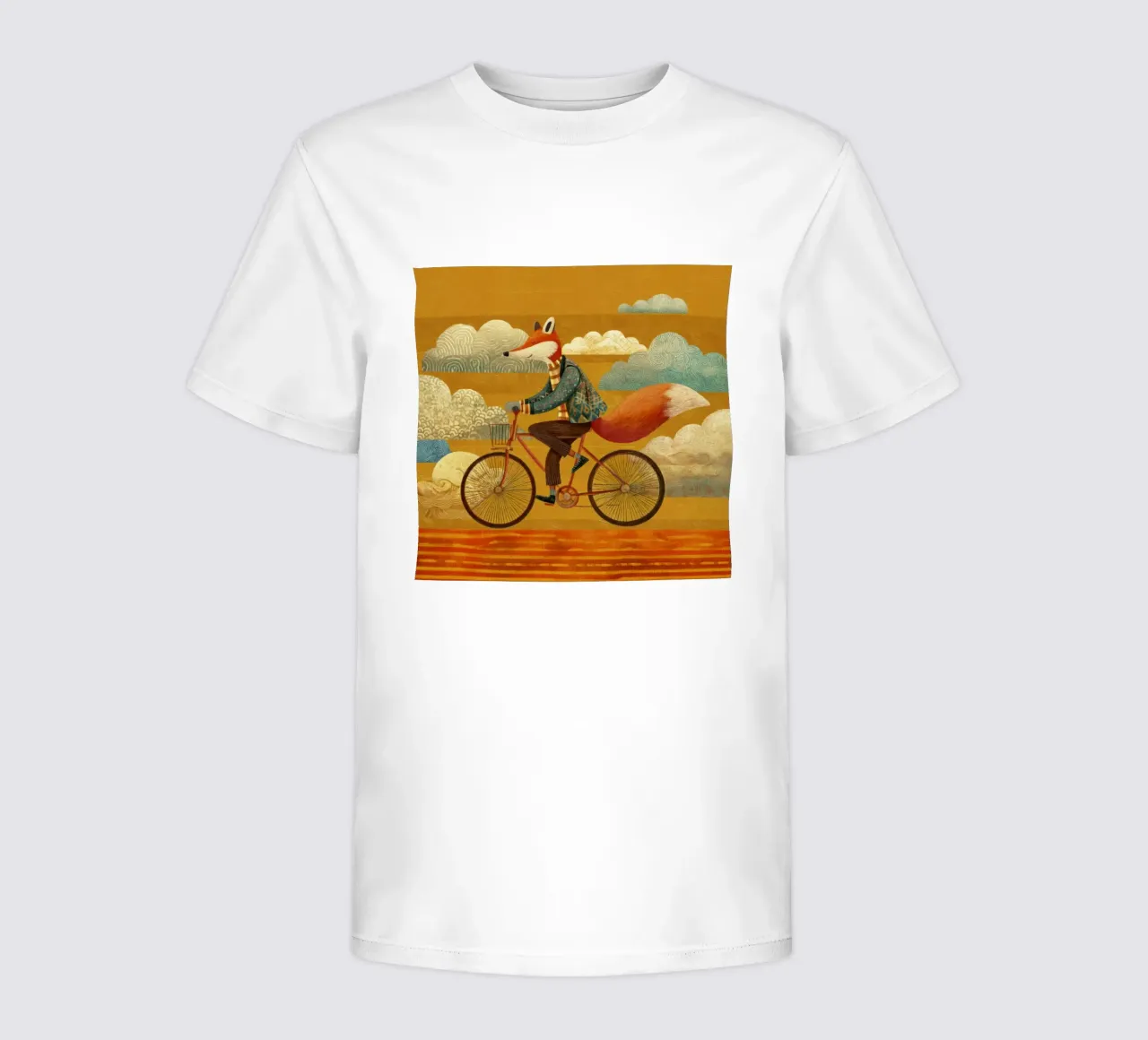 Whimsical Fox on Bike with Patterned Clouds and Orange Sky kids t-shirt by Modern Muse