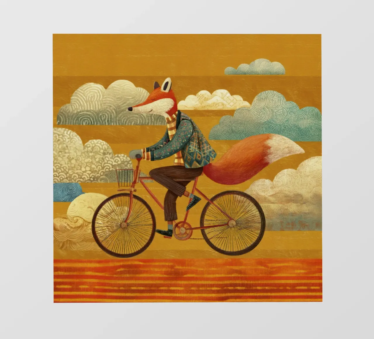 Whimsical Fox on Bike with Patterned Clouds and Orange Sky backlit film by Modern Muse