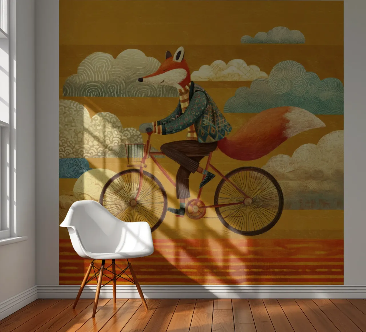 Renard fantaisiste à vélo avec nuages à motifs et ciel orange papier peint photo de Modern Muse