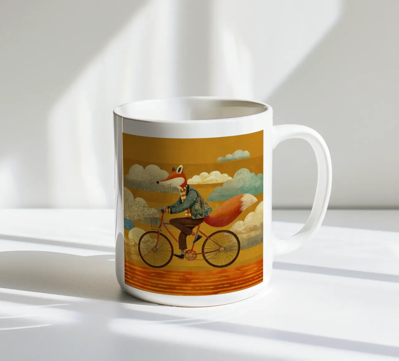 Volpe stravagante in bicicletta con nuvole a fantasia e cielo arancione tazza in ceramica da Modern Muse