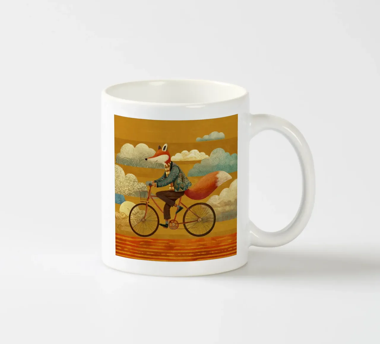 Volpe stravagante in bicicletta con nuvole a fantasia e cielo arancione tazza in ceramica da Modern Muse