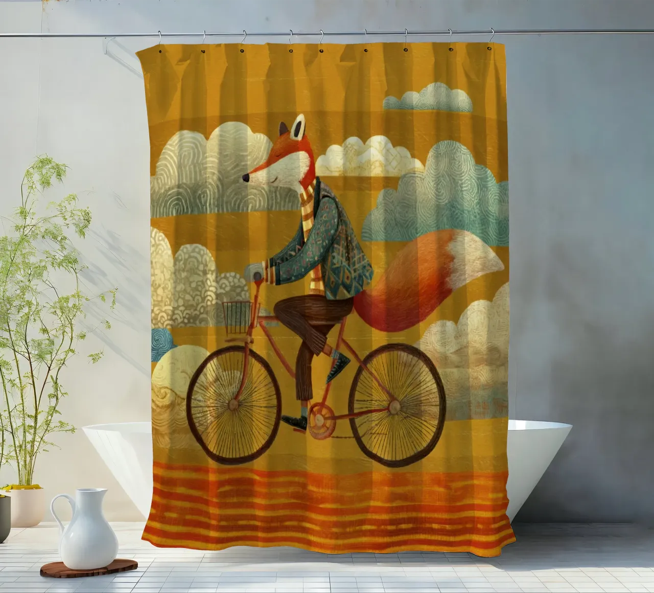 Whimsical Fox on Bike with Patterned Clouds and Orange Sky shower curtain by Modern Muse