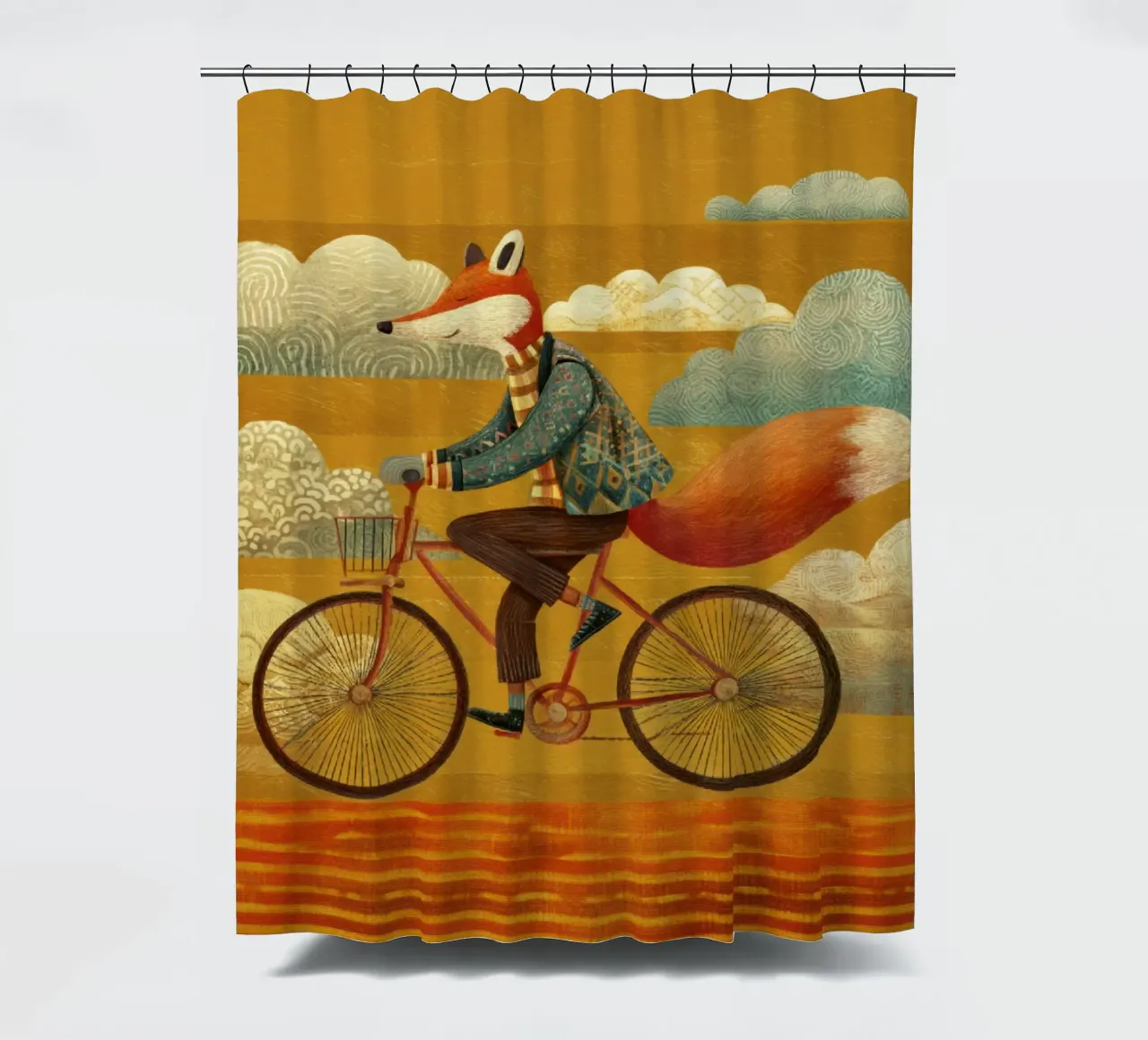 Whimsical Fox on Bike with Patterned Clouds and Orange Sky shower curtain by Modern Muse