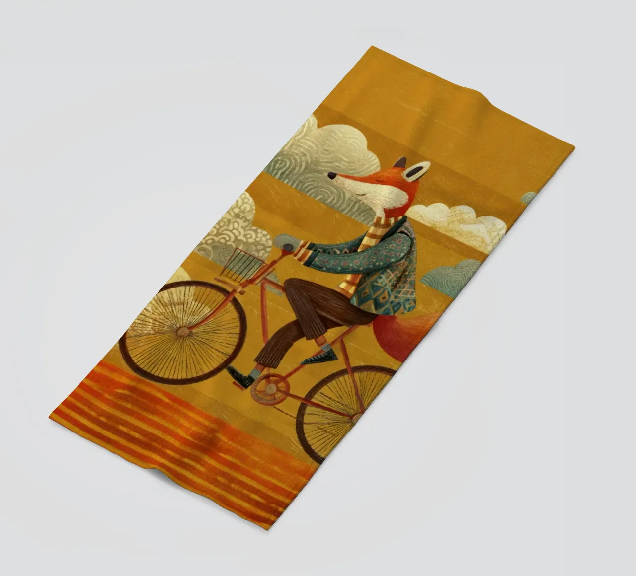 Whimsical Fox on Bike with Patterned Clouds and Orange Sky beach towel by Modern Muse