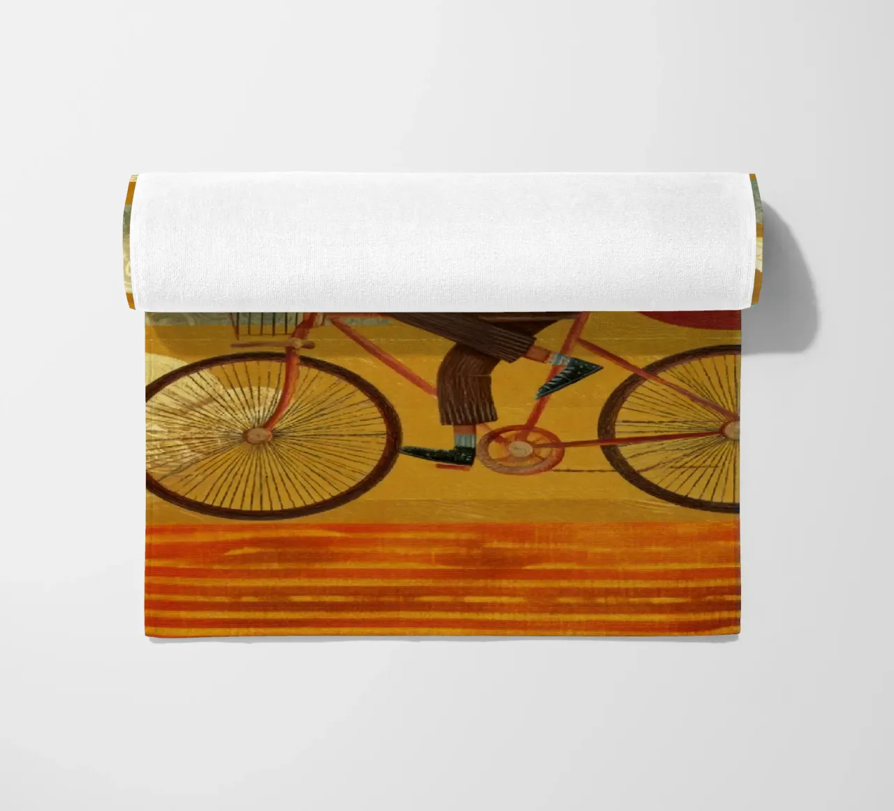 Whimsical Fox on Bike with Patterned Clouds and Orange Sky beach towel by Modern Muse