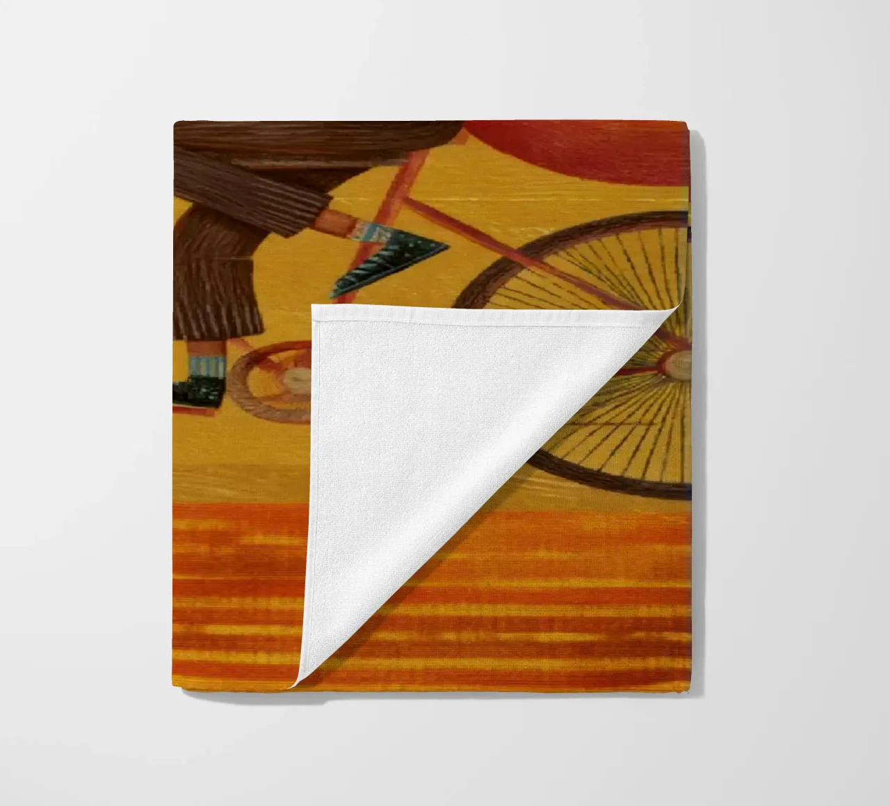 Whimsical Fox on Bike with Patterned Clouds and Orange Sky beach towel by Modern Muse