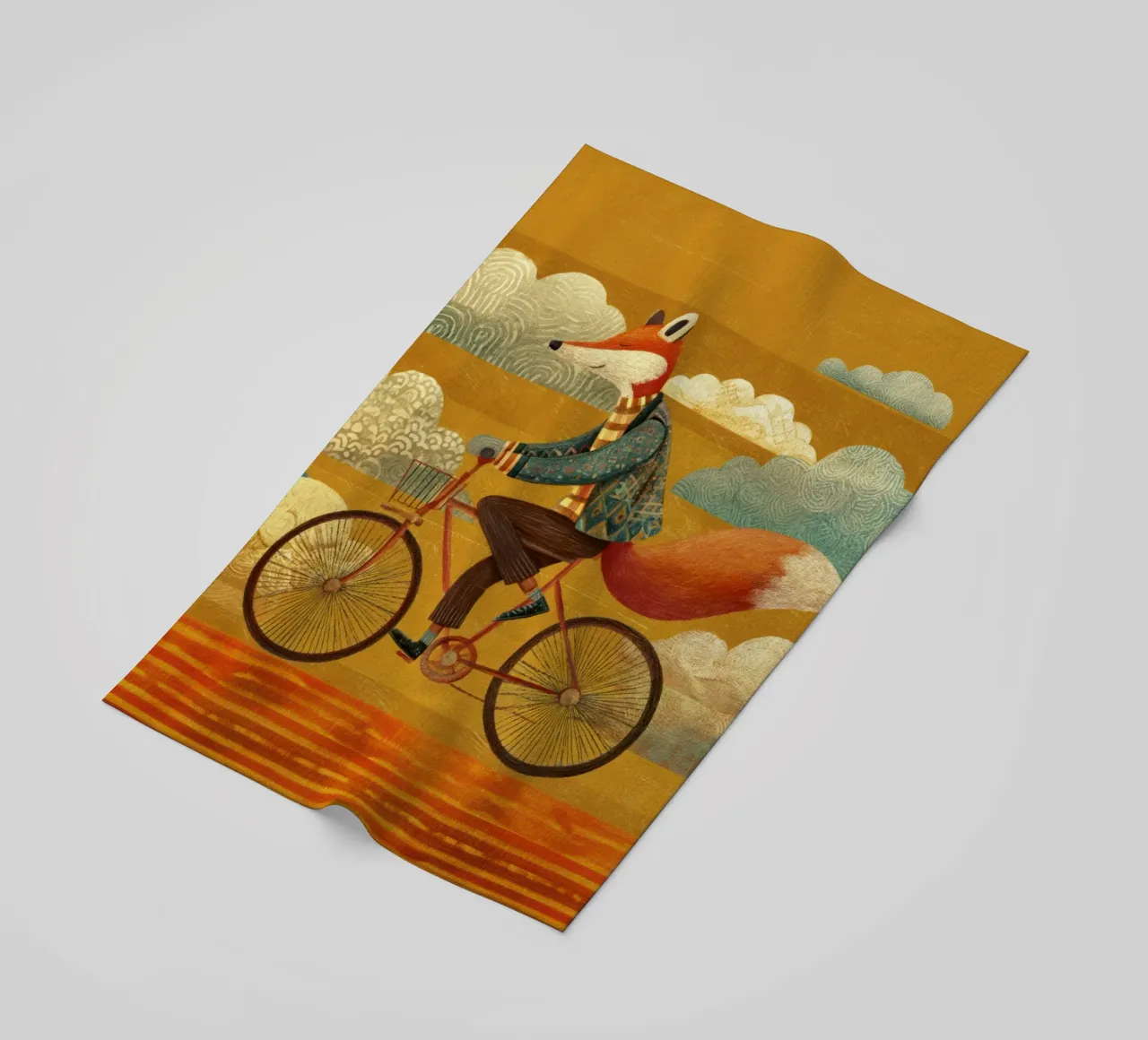 Whimsical Fox on Bike with Patterned Clouds and Orange Sky beach towel by Modern Muse
