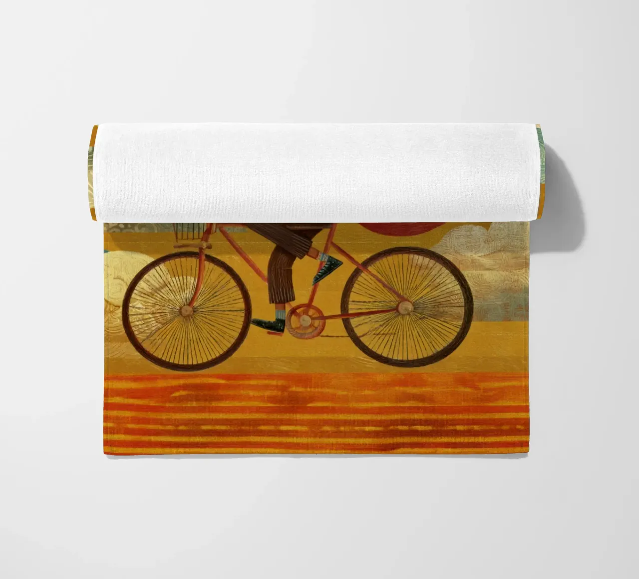 Whimsical Fox on Bike with Patterned Clouds and Orange Sky beach towel by Modern Muse