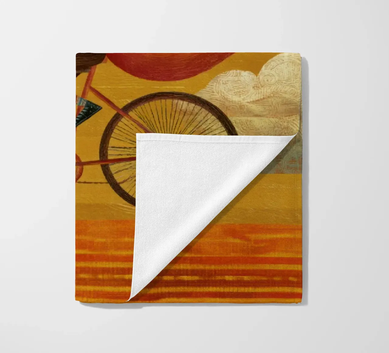 Whimsical Fox on Bike with Patterned Clouds and Orange Sky beach towel by Modern Muse