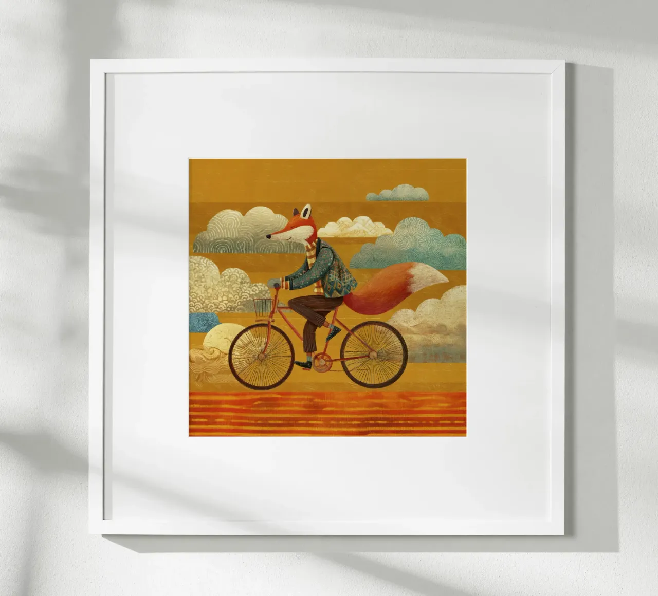 Whimsical Fox on Bike with Patterned Clouds and Orange Sky hahnemühle by Modern Muse