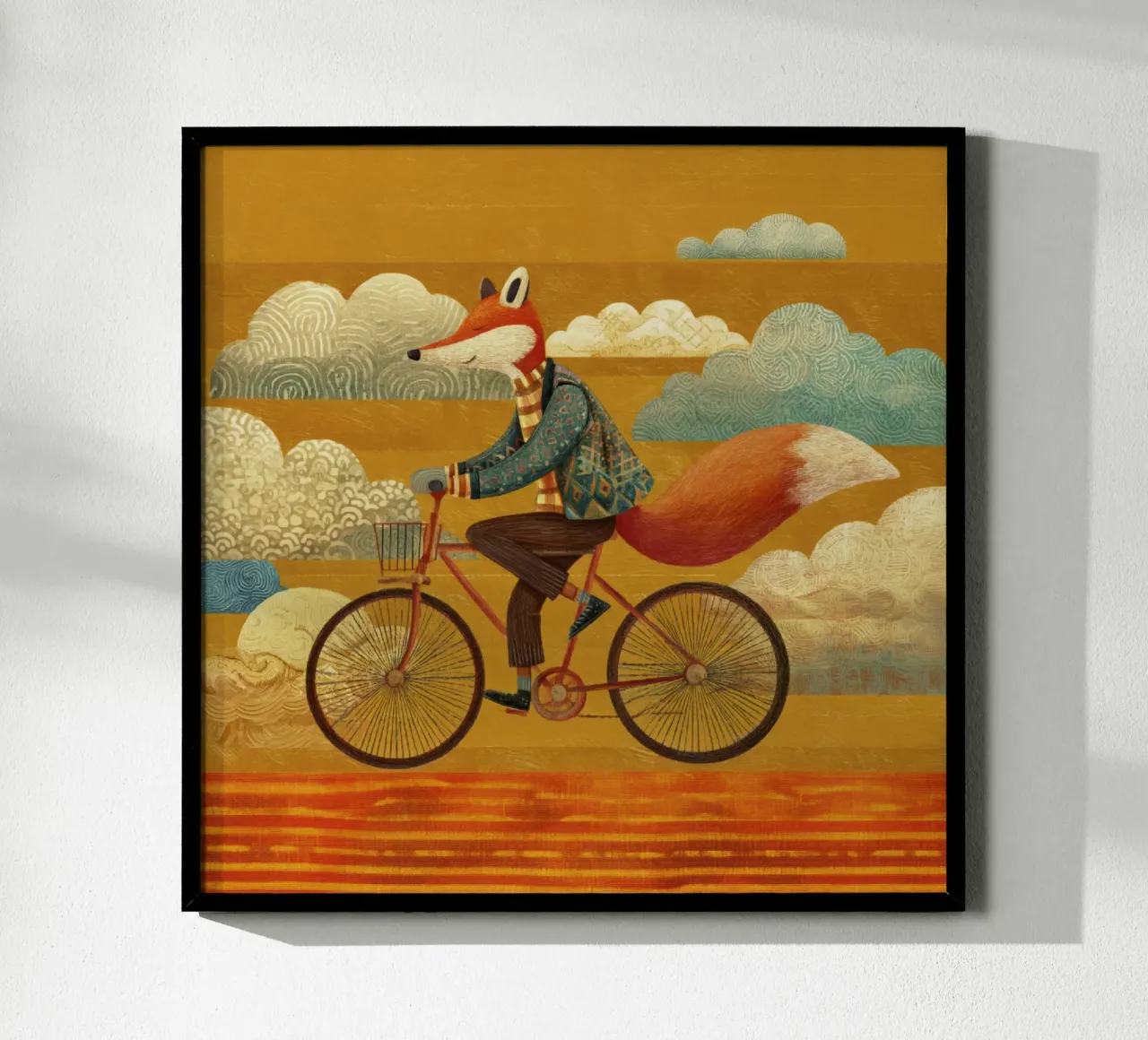 Whimsical Fox on Bike with Patterned Clouds and Orange Sky hahnemühle by Modern Muse