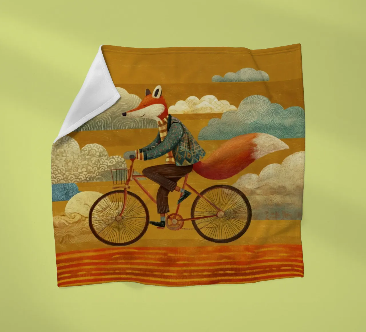 Whimsical Fox on Bike with Patterned Clouds and Orange Sky fleece blanket by Modern Muse