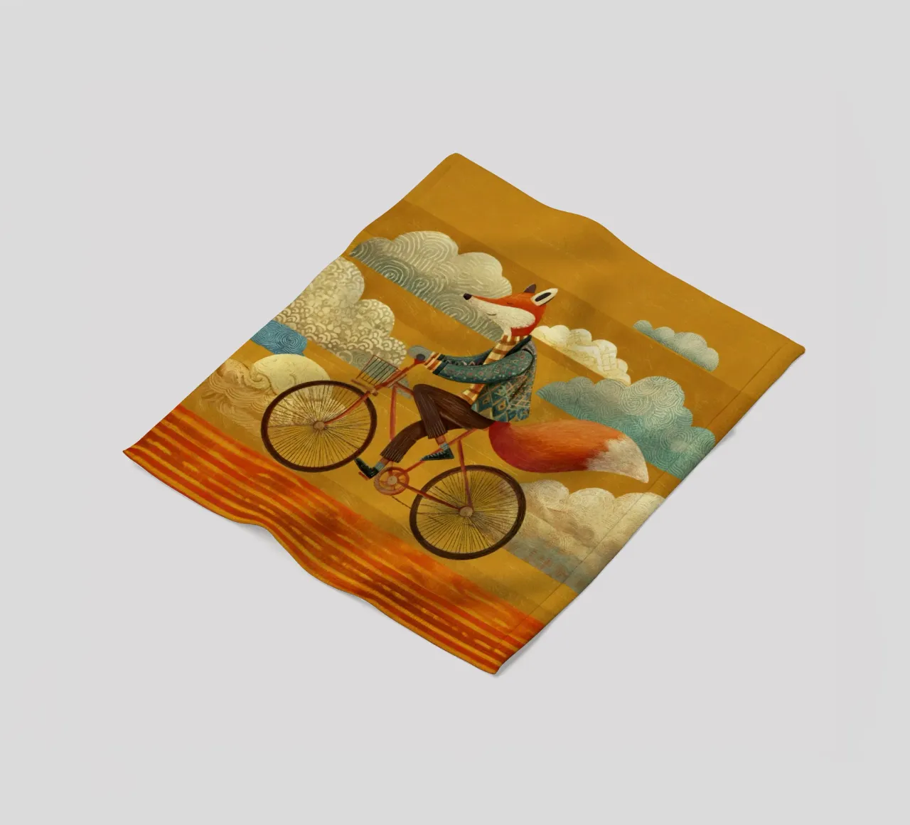 Whimsical Fox on Bike with Patterned Clouds and Orange Sky fleece blanket by Modern Muse